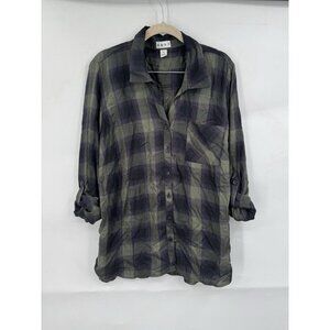 Dash Plaid Button Front Shirt Women XL Green Western Preppy Fall Long Sleeve